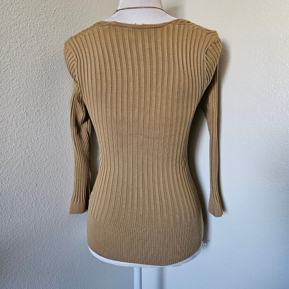 Cache Tan Silk Blend Ribbed V-Neck Chevron Knit Sweater Top - Picture 3 of 4